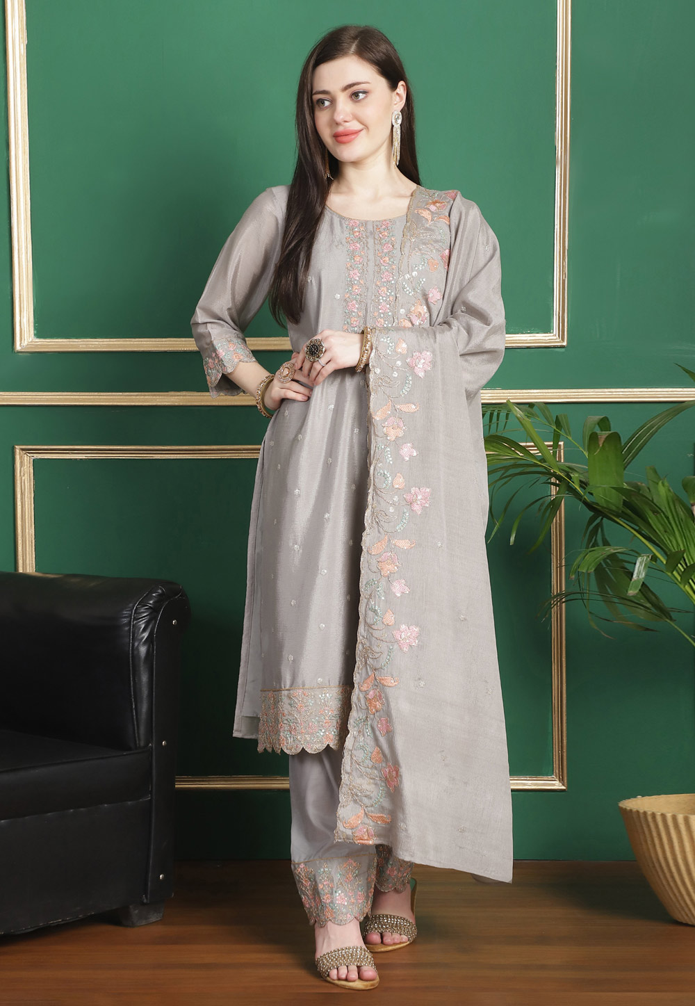 Grey Chinon Chiffon Pant Style Suit 309899