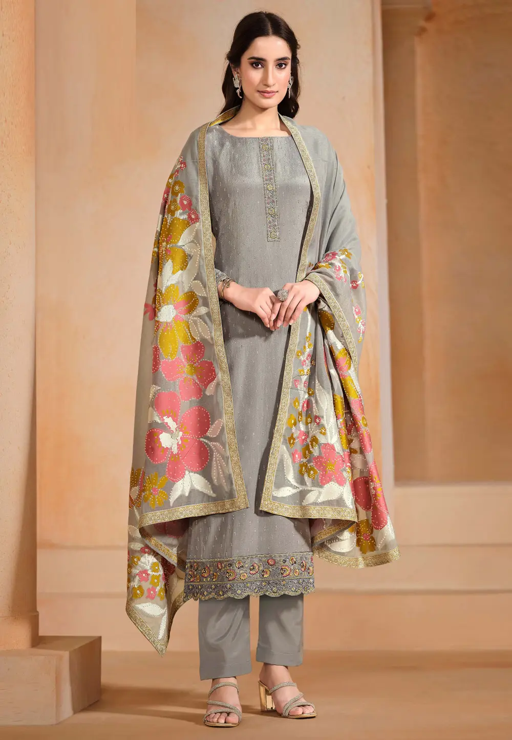 Grey Chinon Chiffon Pant Style Suit 299123