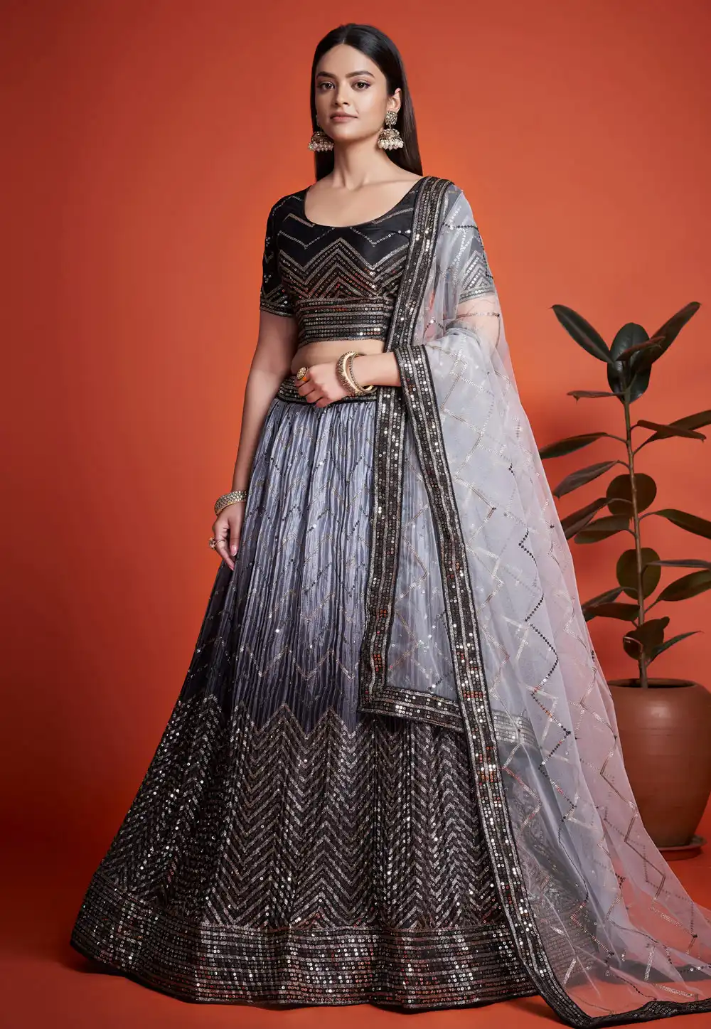 Grey Chinon Circular Lehenga Choli 287841