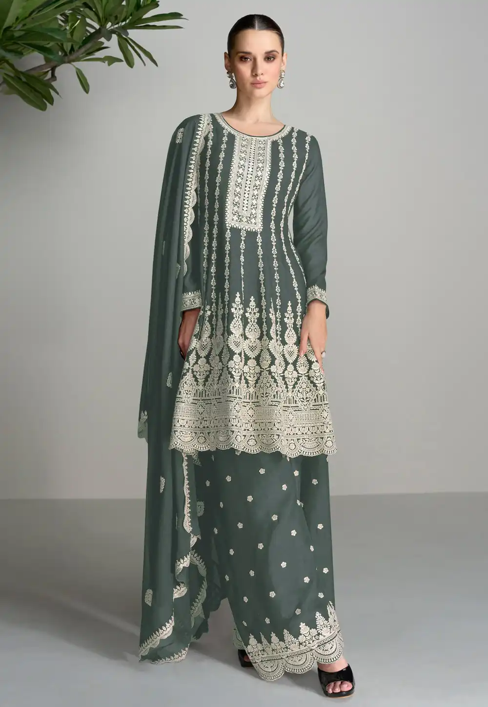 Grey Chinon Embroidered Palazzo Suit 290487