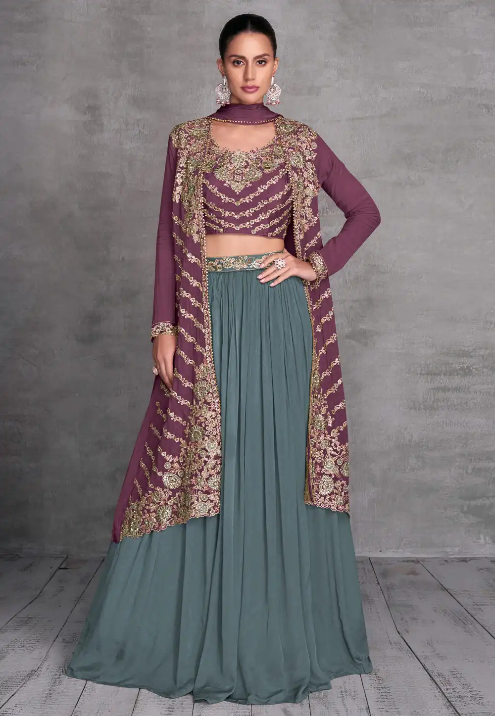 Grey Chinon Jacket Style Lehenga Choli 294470