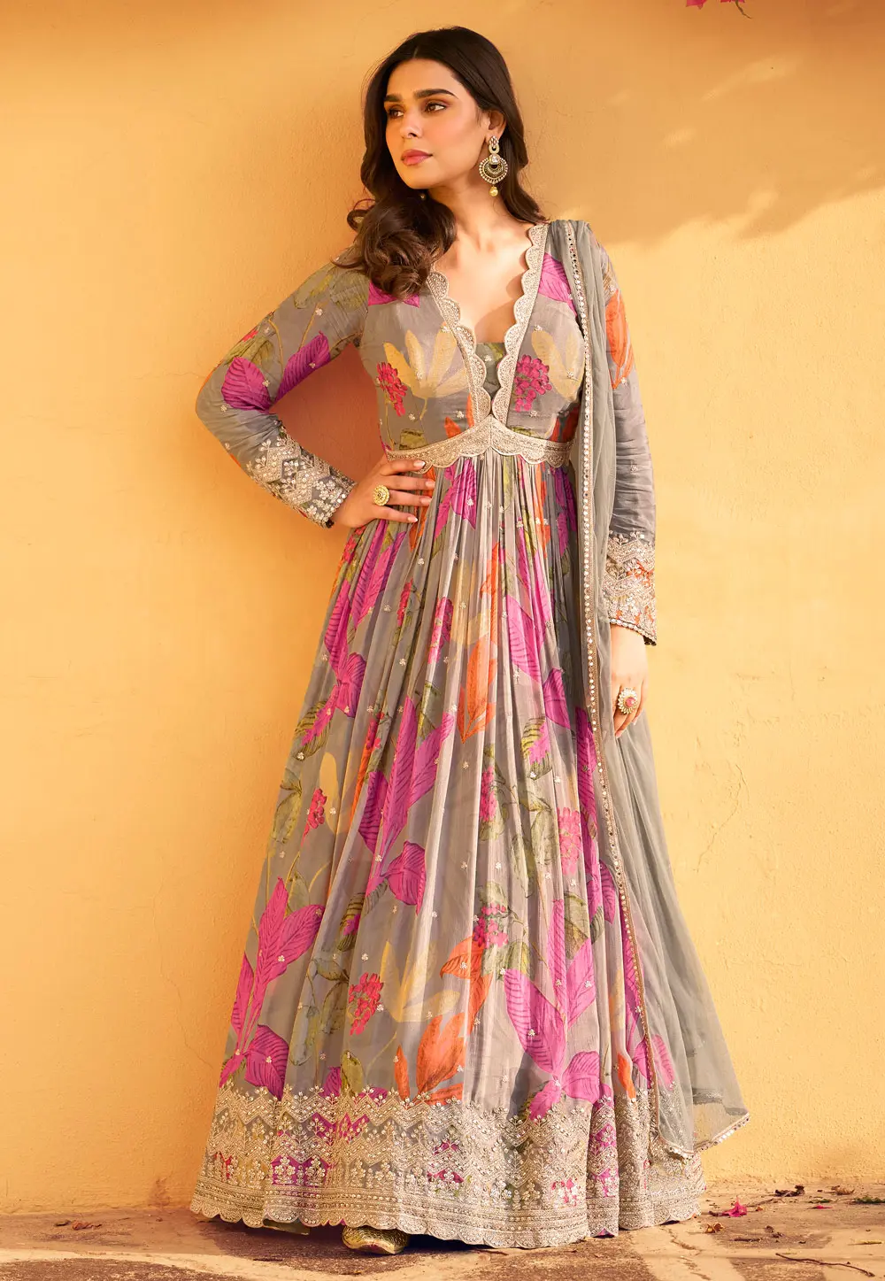 Grey Chinon Silk Long Anarkali Suit 302925