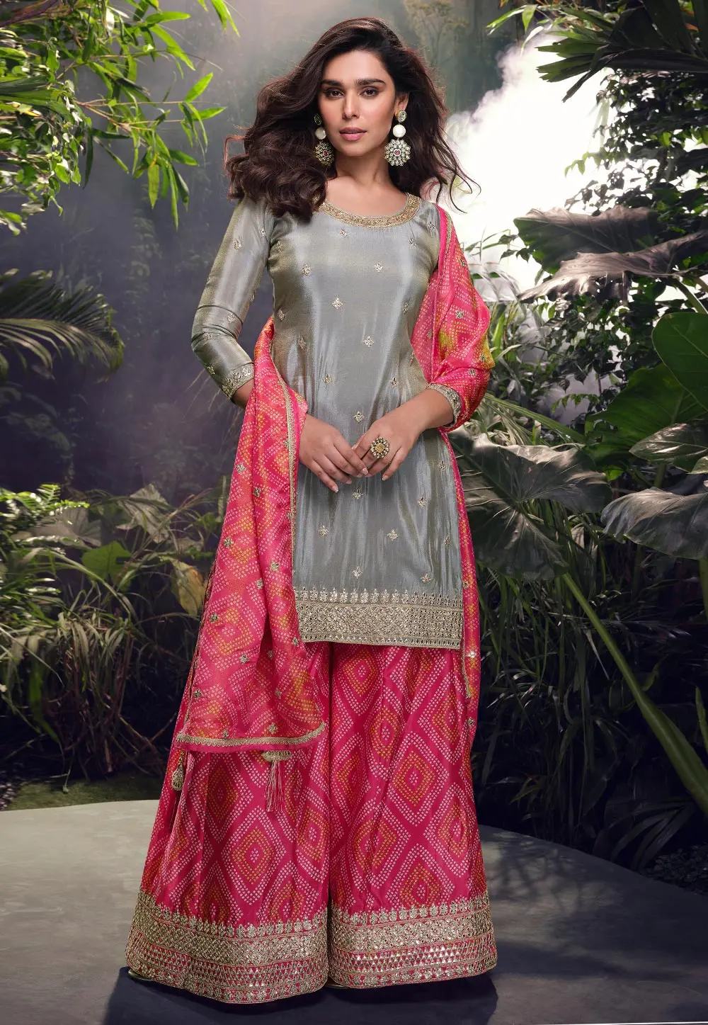 Grey Chinon Silk Pakistani Suit 299733