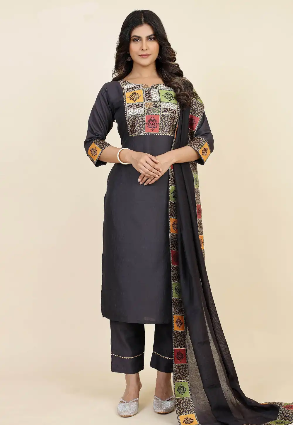 Grey Chinon Silk Readymade Pant Style Suit 293839