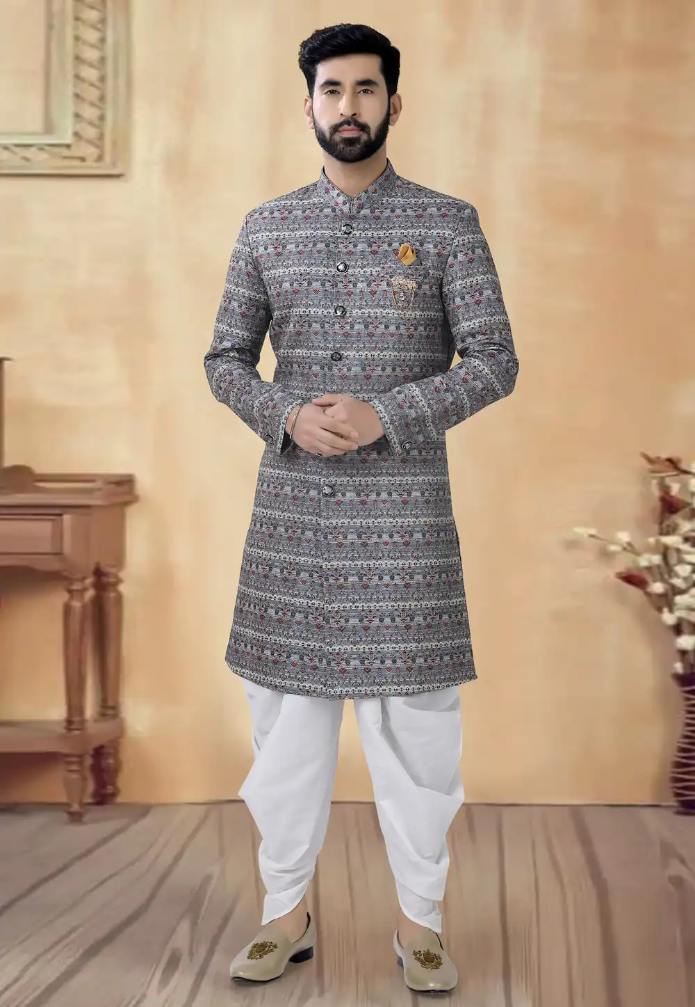 Grey Cotton Dhoti Sherwani 292404