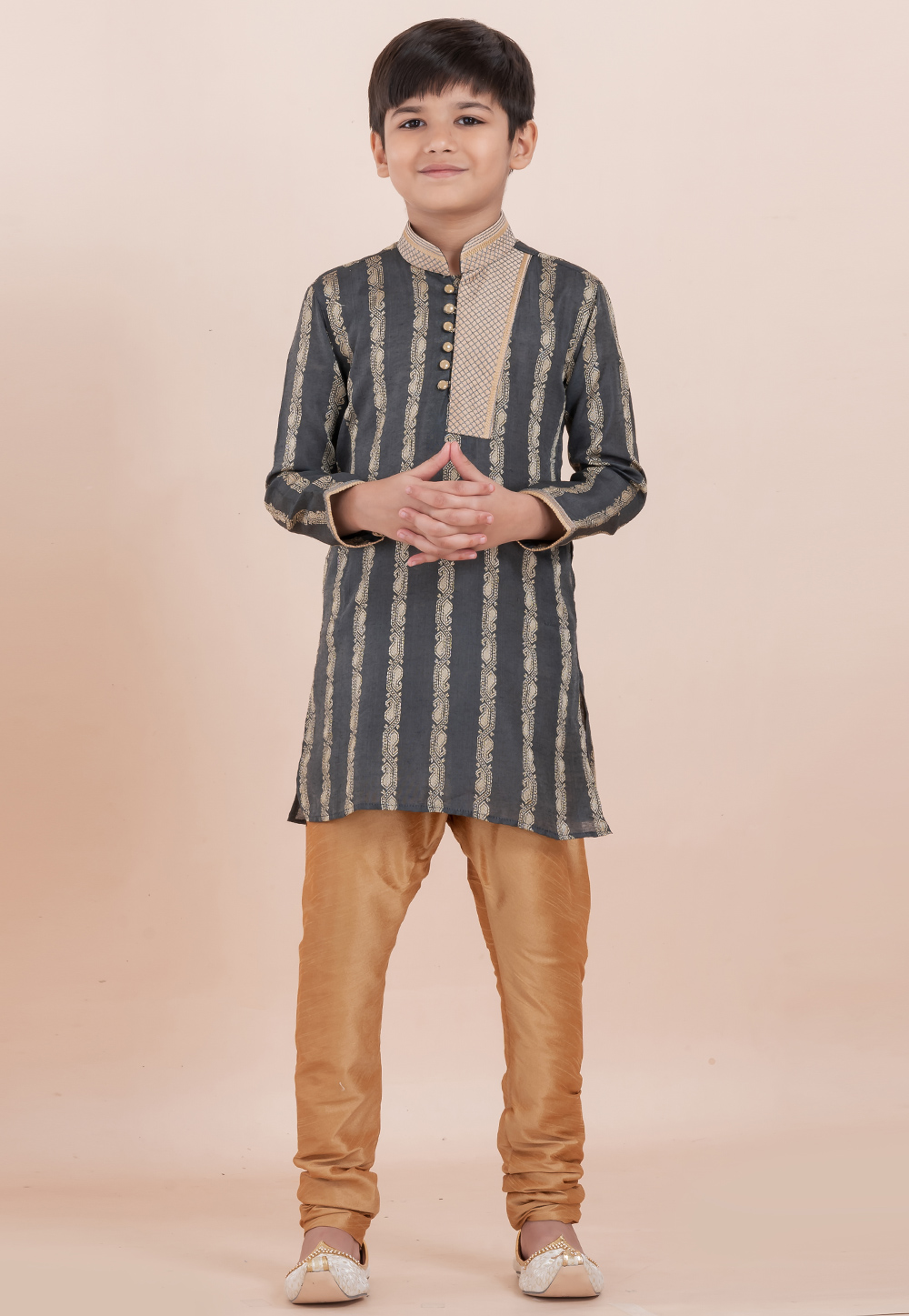 Grey Cotton Jacquard Kids Kurta Pajama 305985