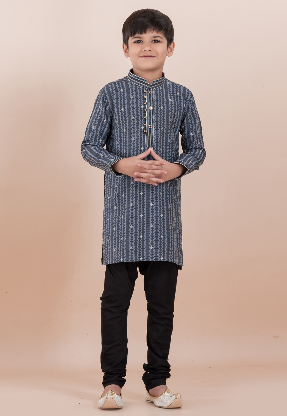 Grey Cotton Jacquard Kids Kurta Pajama 305991