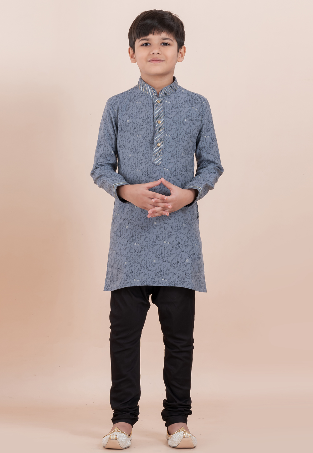 Grey Cotton Jacquard Kids Kurta Pajama 305993