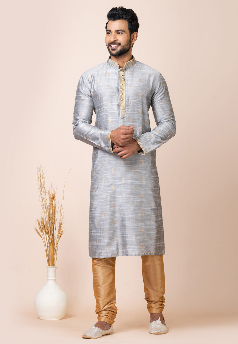 Grey Cotton Jacquard Kurta Pajama 286249