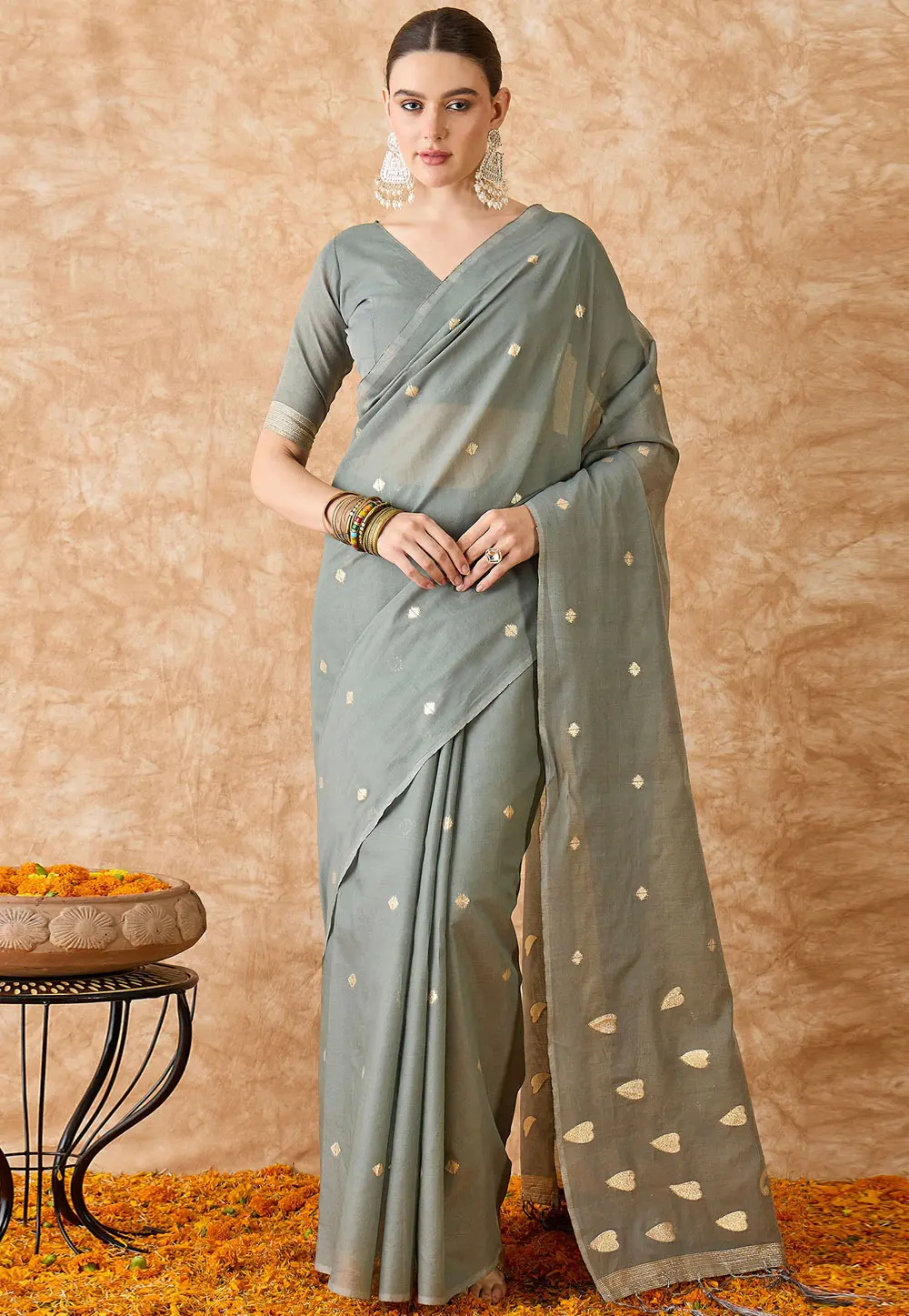 Grey Cotton Jacquard Saree With Blouse 301491