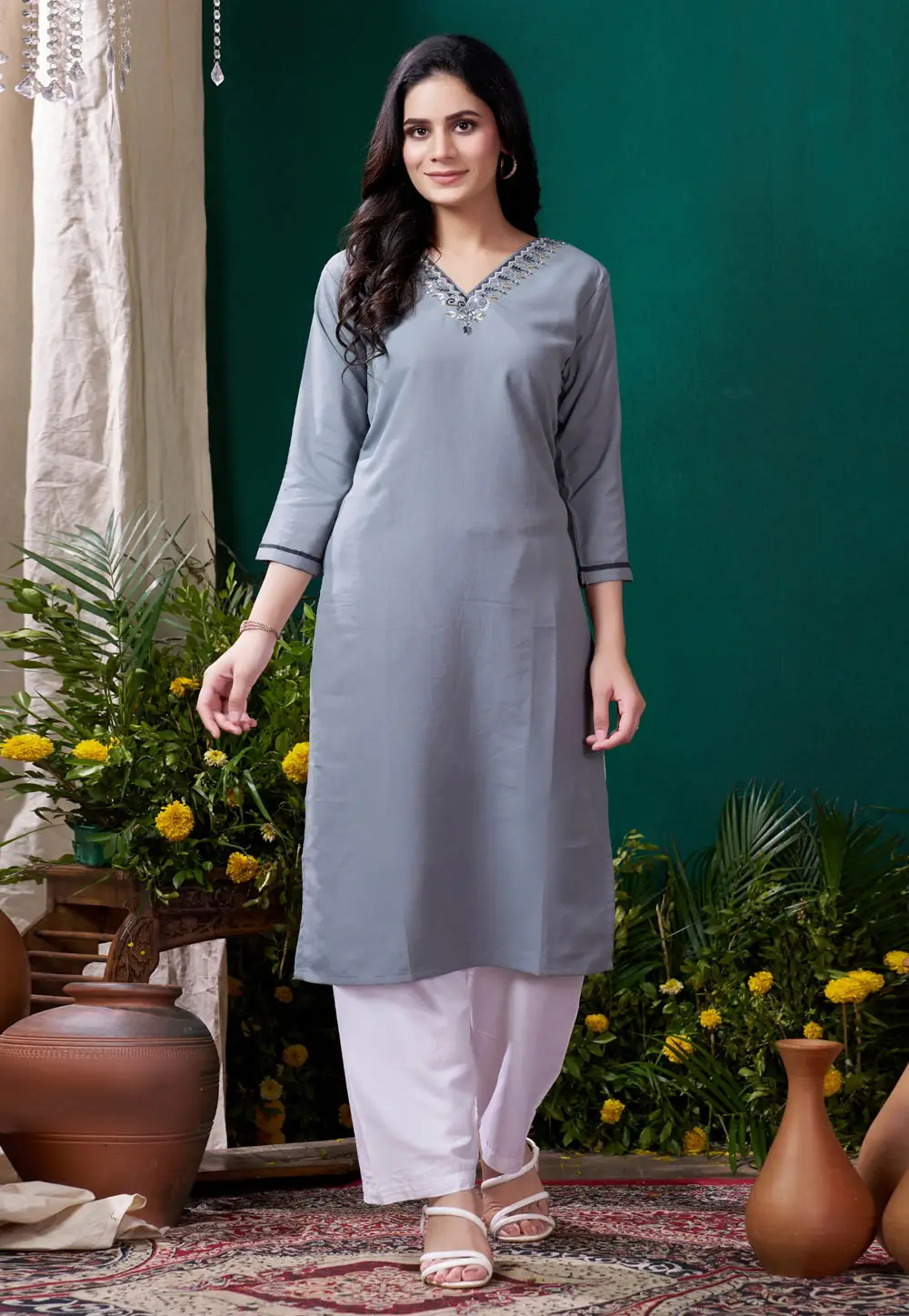 Grey Cotton Kurta Set With Pent 295468