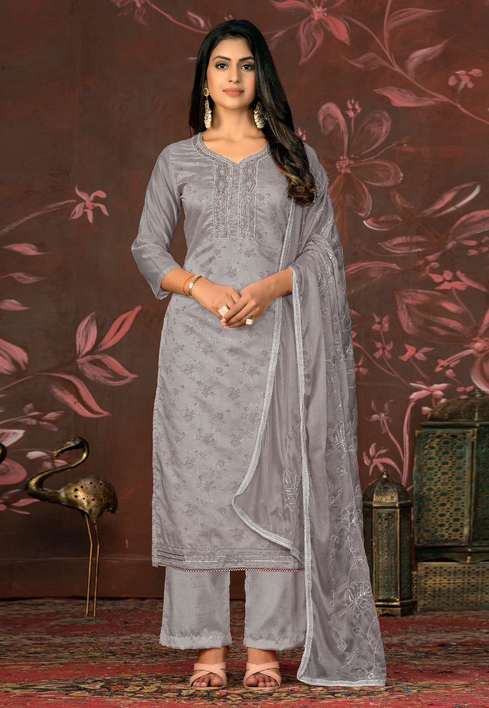 Grey Cotton Pakistani Suit 281085