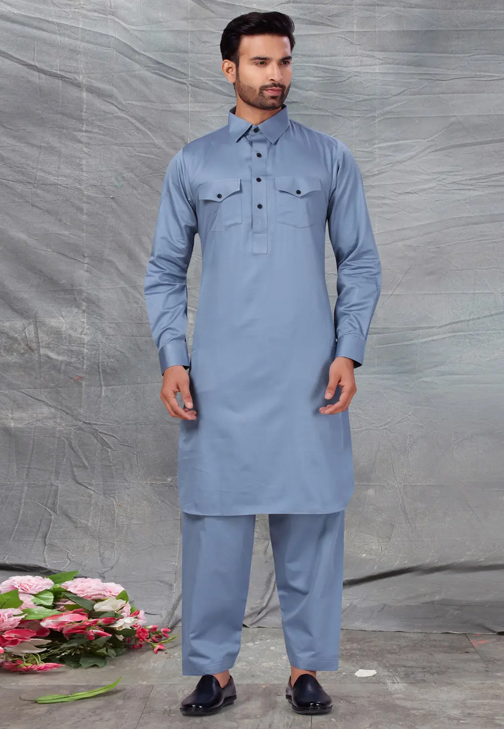 Grey Cotton Pathani Suit 300236