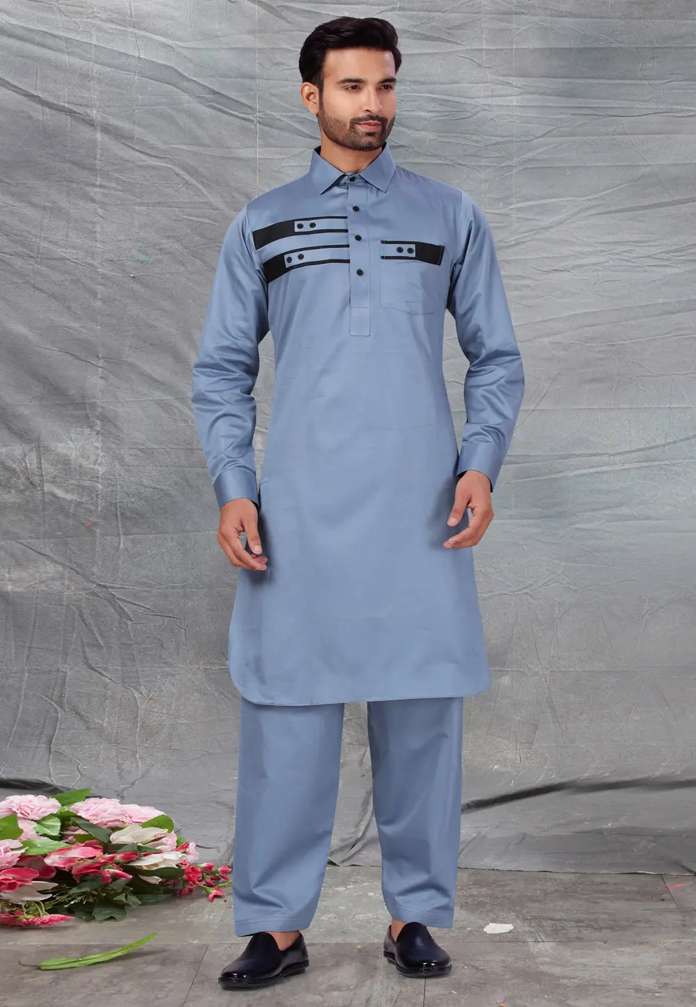 Grey Cotton Pathani Suit 300237