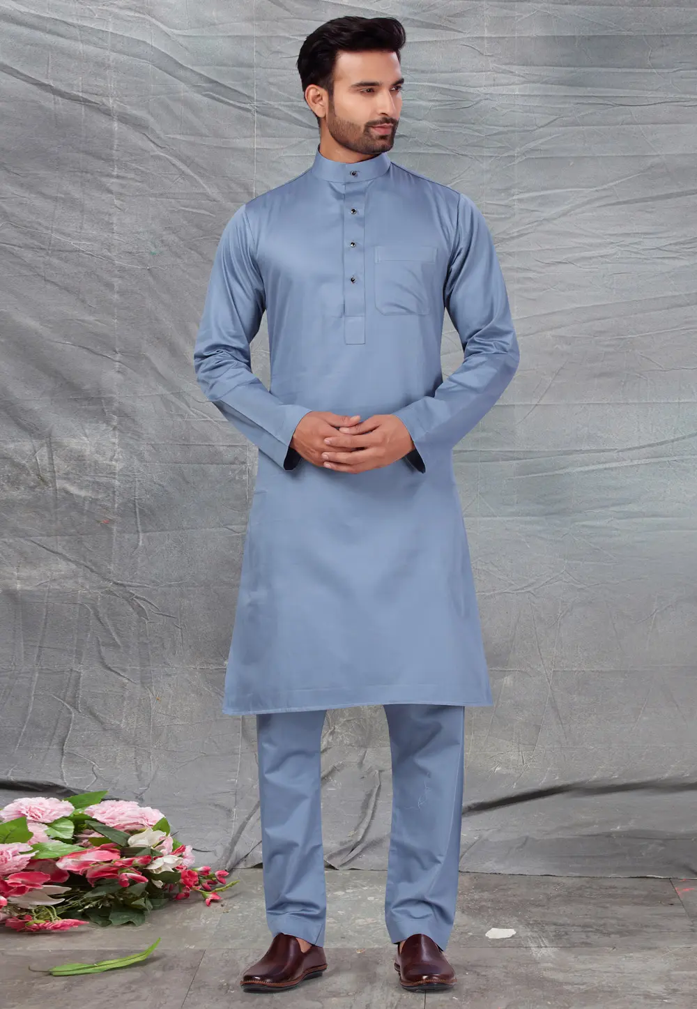 Grey Cotton Pathani Suit 300238