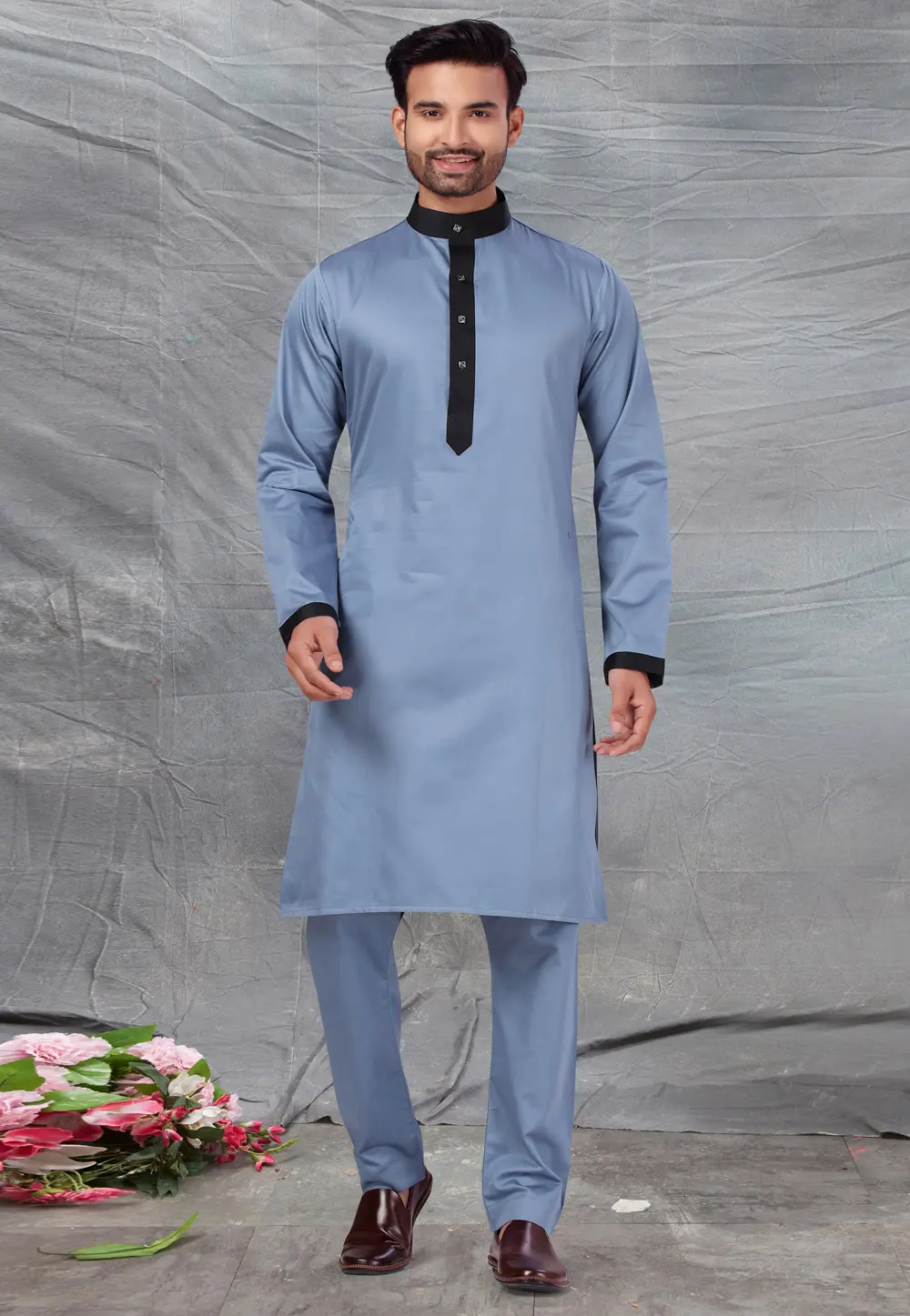 Grey Cotton Pathani Suit 300239