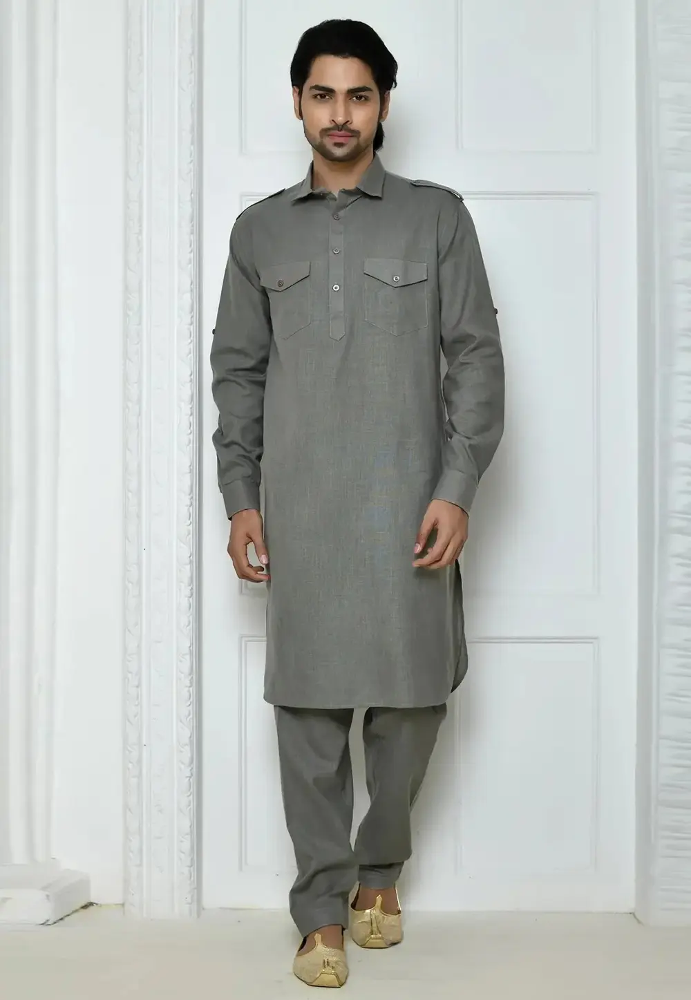 Grey Cotton Pathani Suit 300728