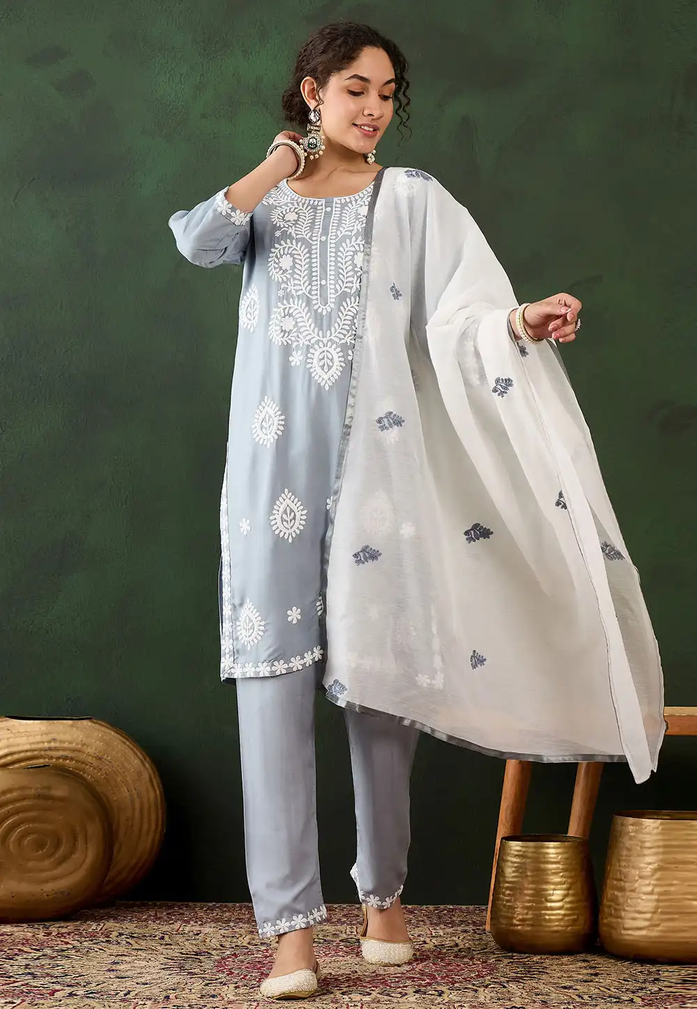 Grey Cotton Rayon Readymade Chikankari Suit 294391