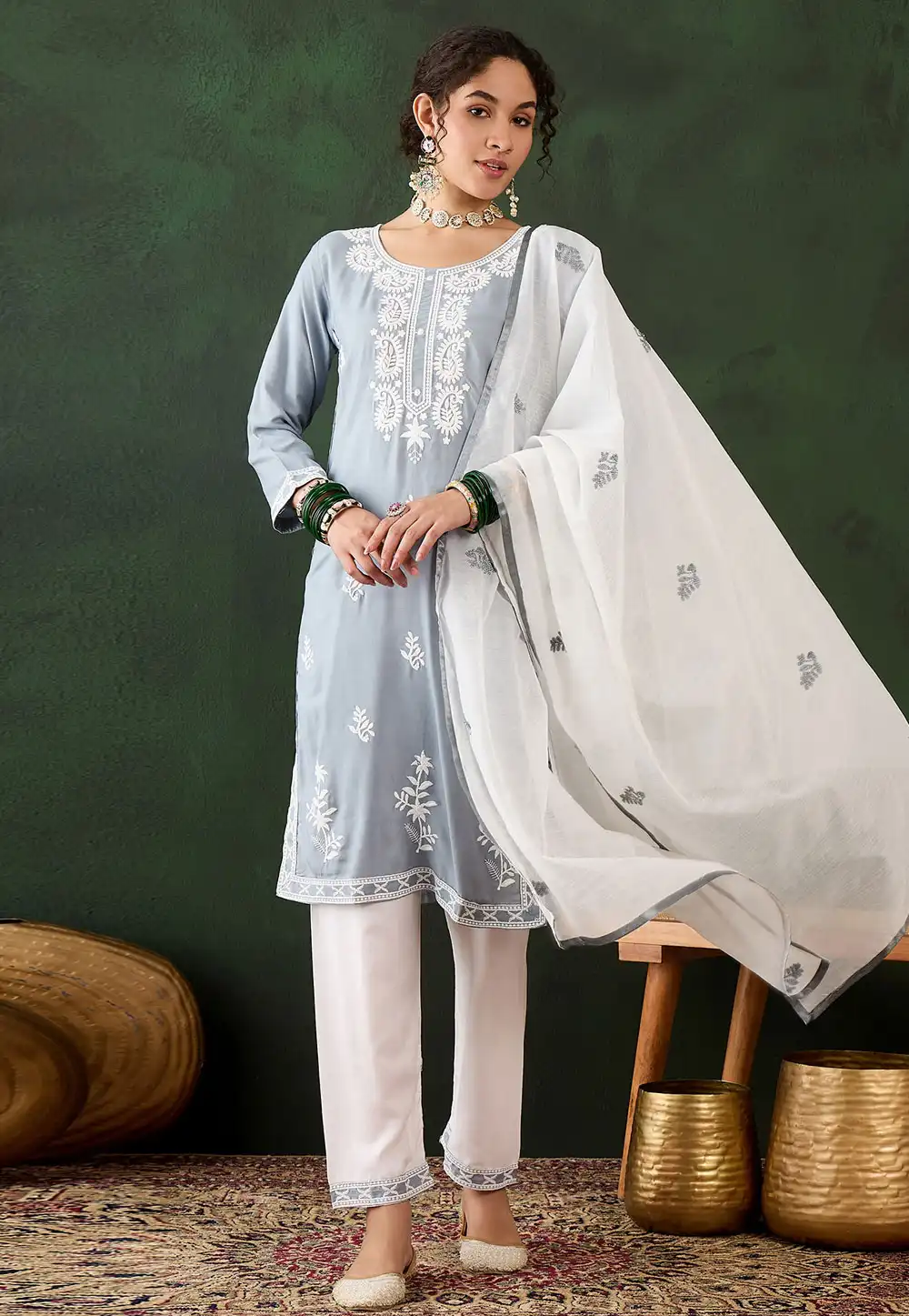 Grey Cotton Rayon Readymade Pakistani Suit 294384