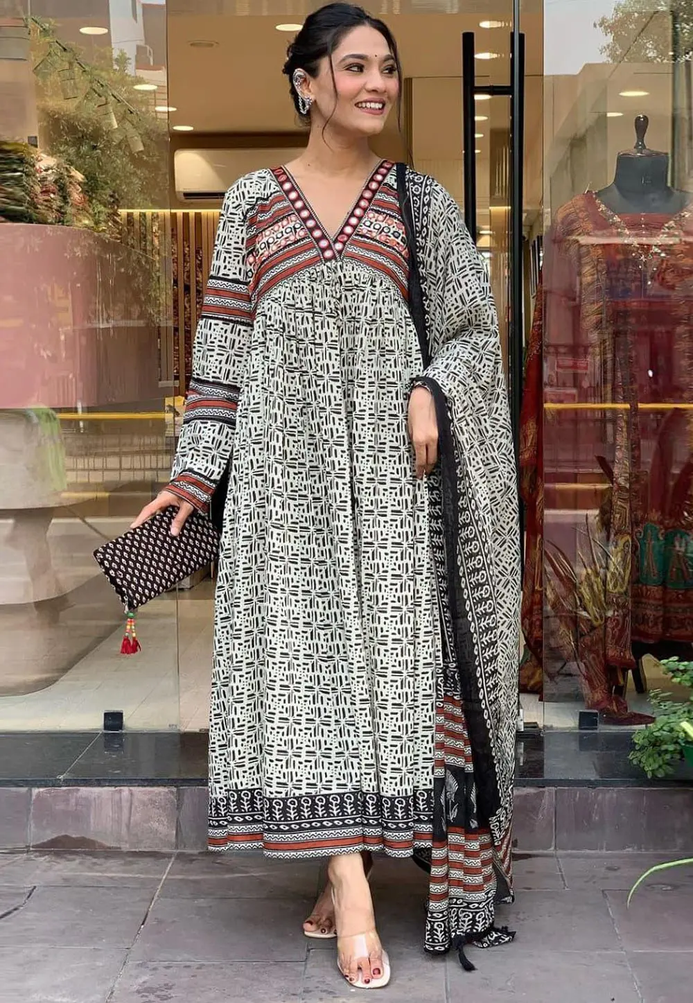 Grey Cotton Readymade Anarkali Suit 301310