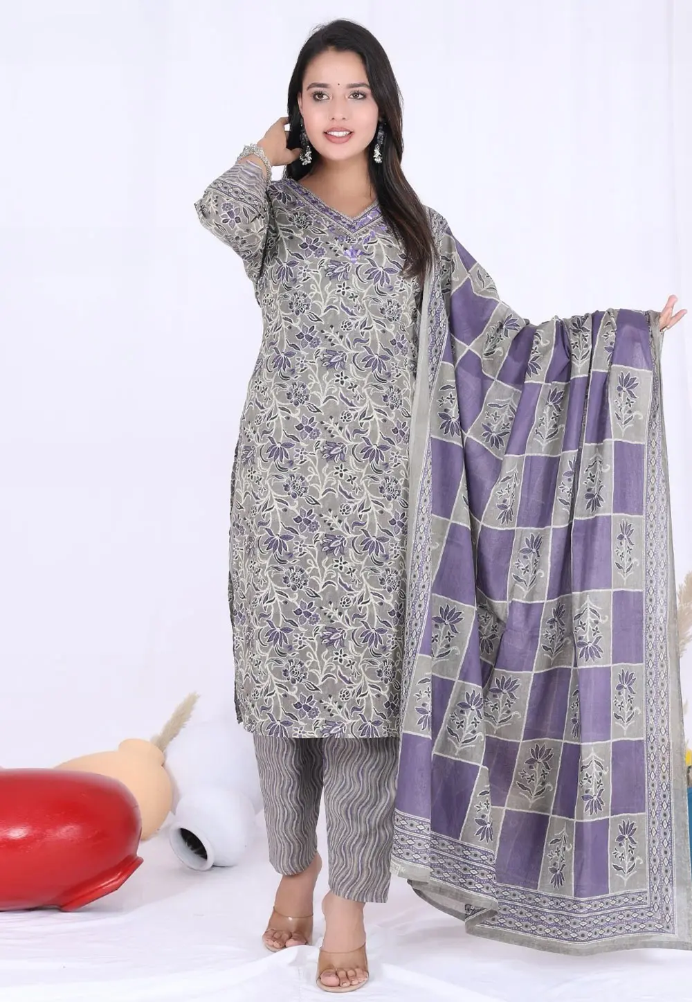 Grey Cotton Readymade Pant Style Suit 304602