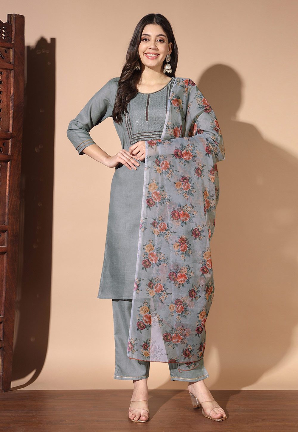 Grey Cotton Readymade Pant Style Suit 280908