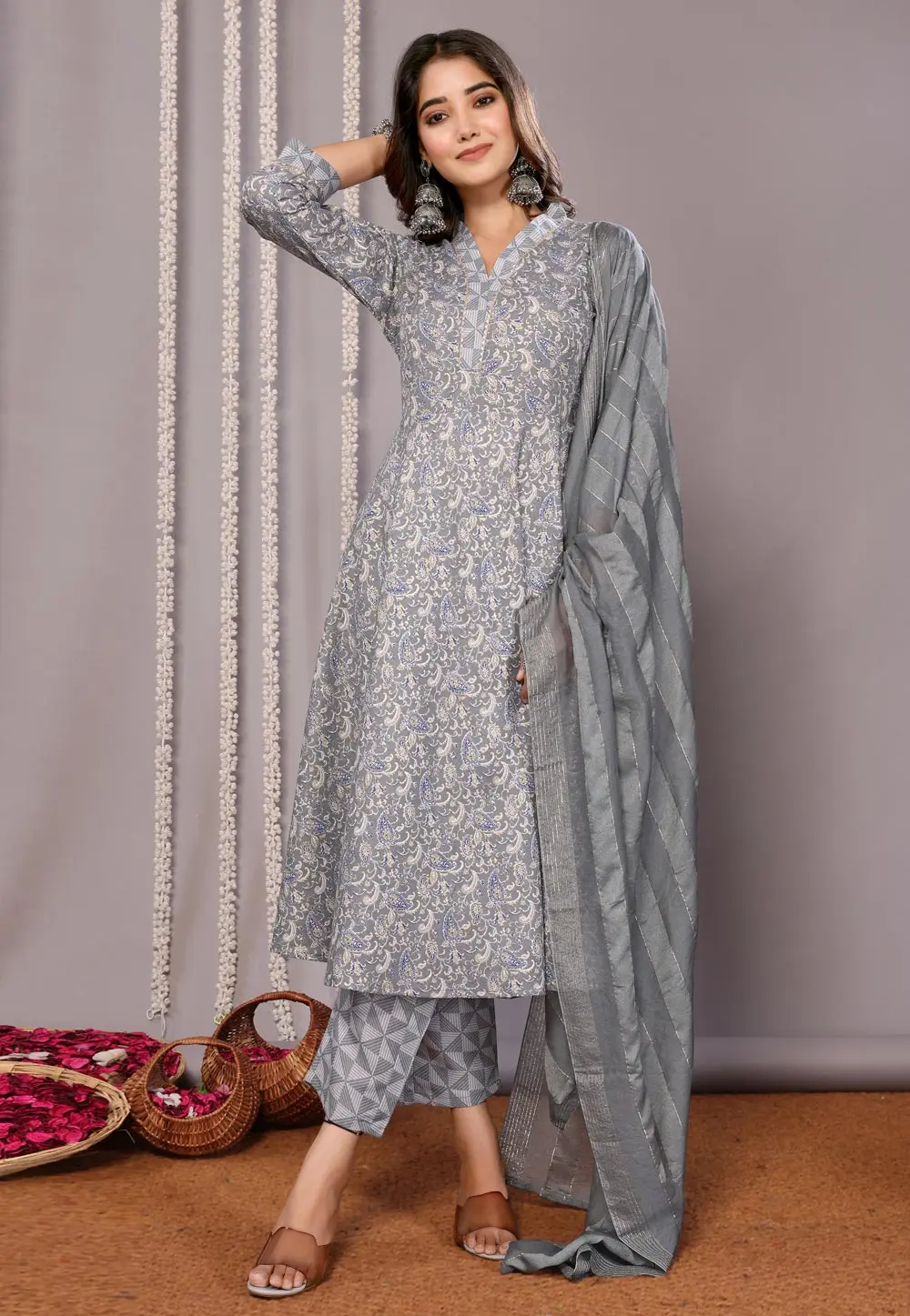 Grey Cotton Readymade Pant Style Suit 303231