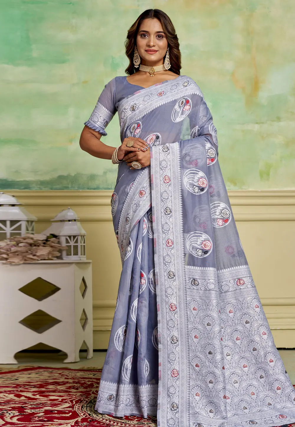 Grey Cotton Saree With Blouse 300571