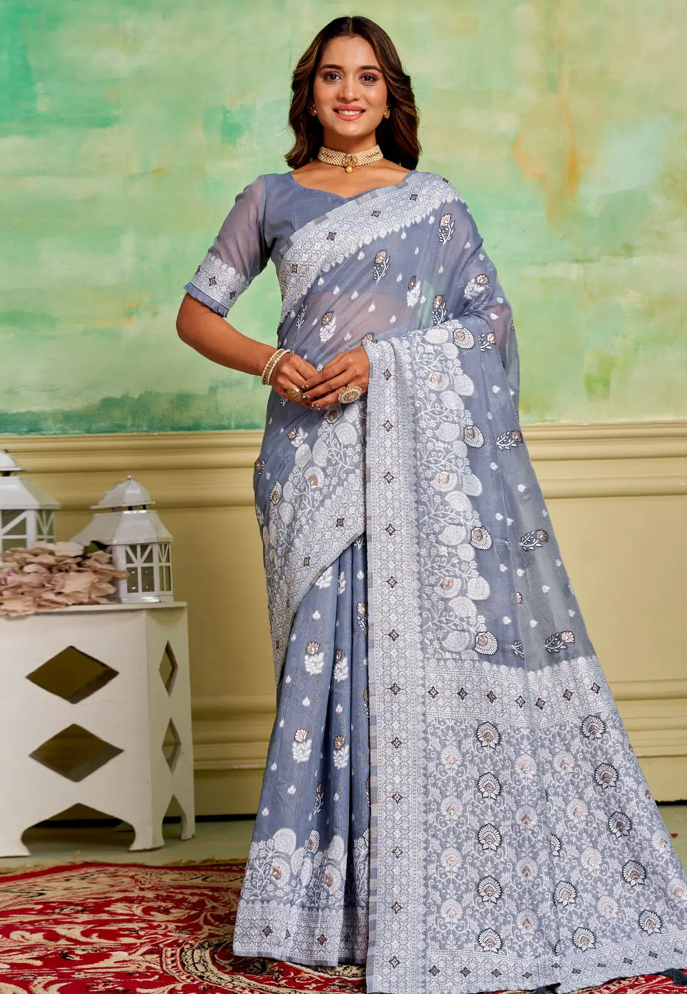 Grey Cotton Saree With Blouse 300575