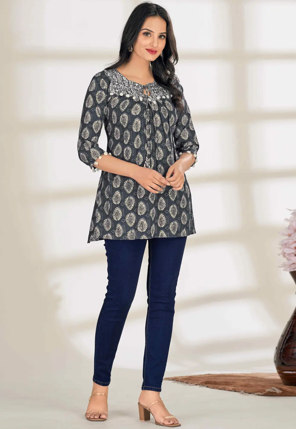 Grey Cotton Short Kurti for Women 302412