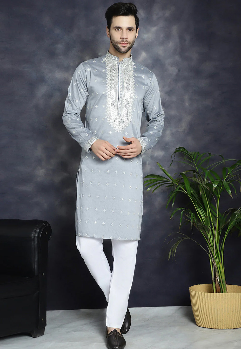 Grey Cotton Silk Kurta Pajama 287493