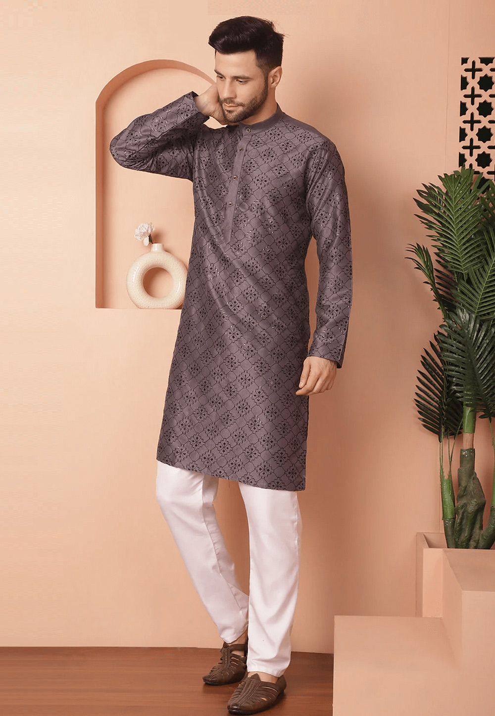 Grey Cotton Silk Kurta Pajama 287732