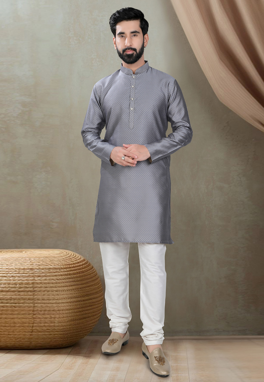 Grey Cotton Silk Kurta Pajama 310795