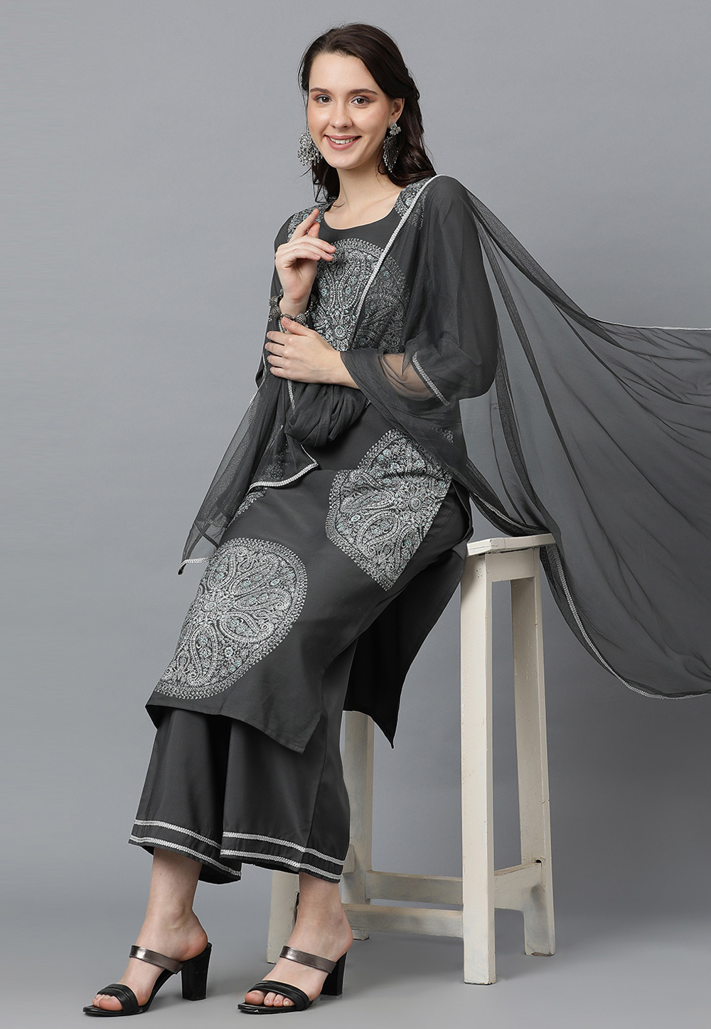 Grey Crepe Readymade Palazzo Suit 305581