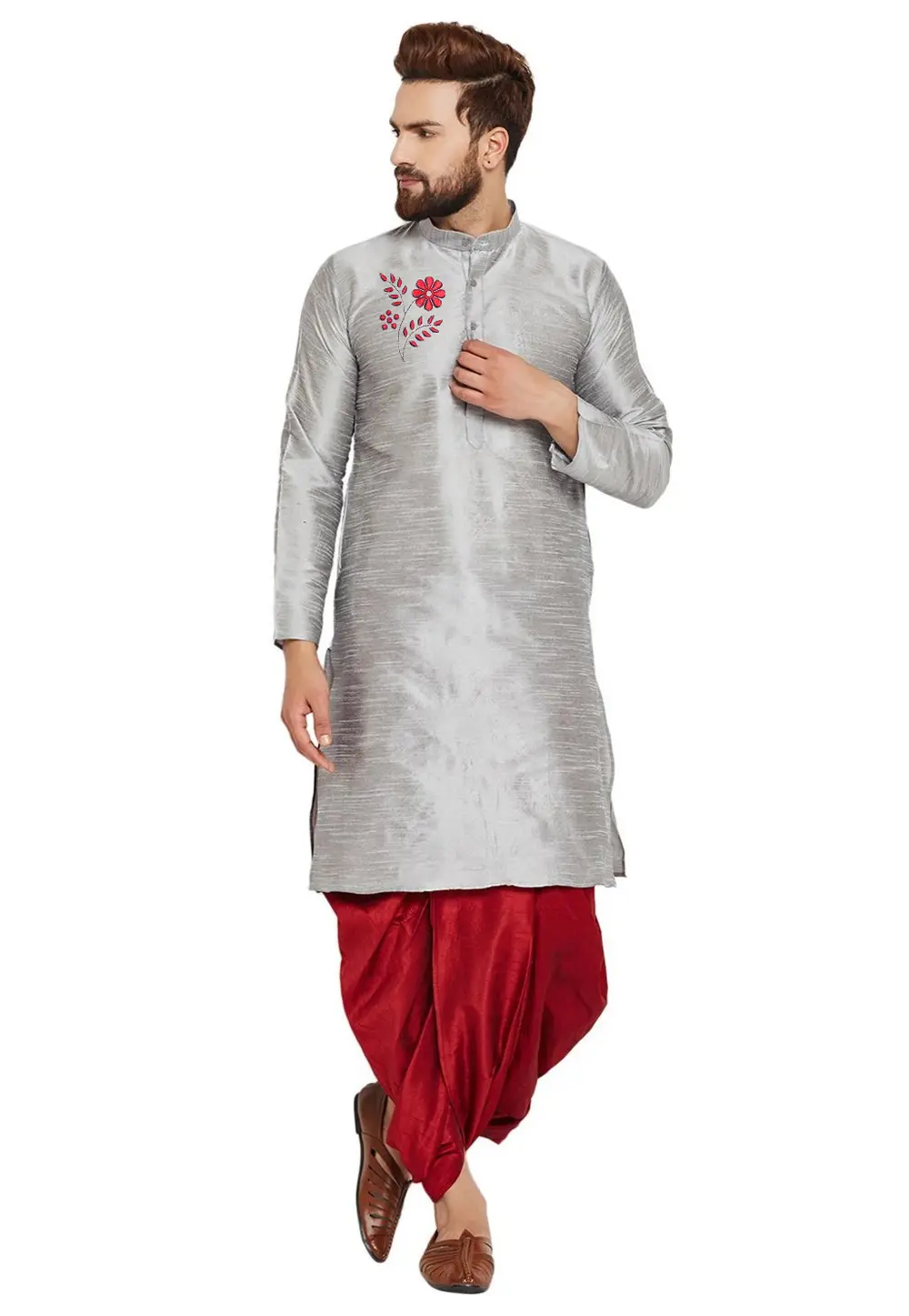 Grey Dupion Silk Dhoti Kurta 303412