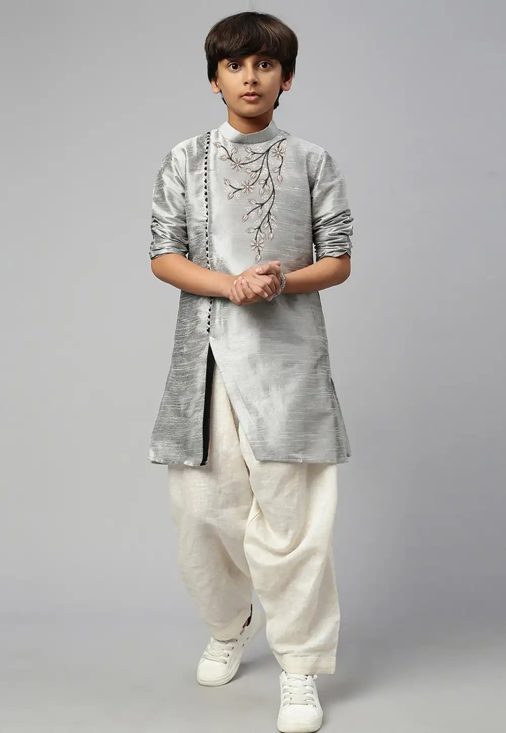 Grey Dupion Silk Kids Dhoti Kurta 288307