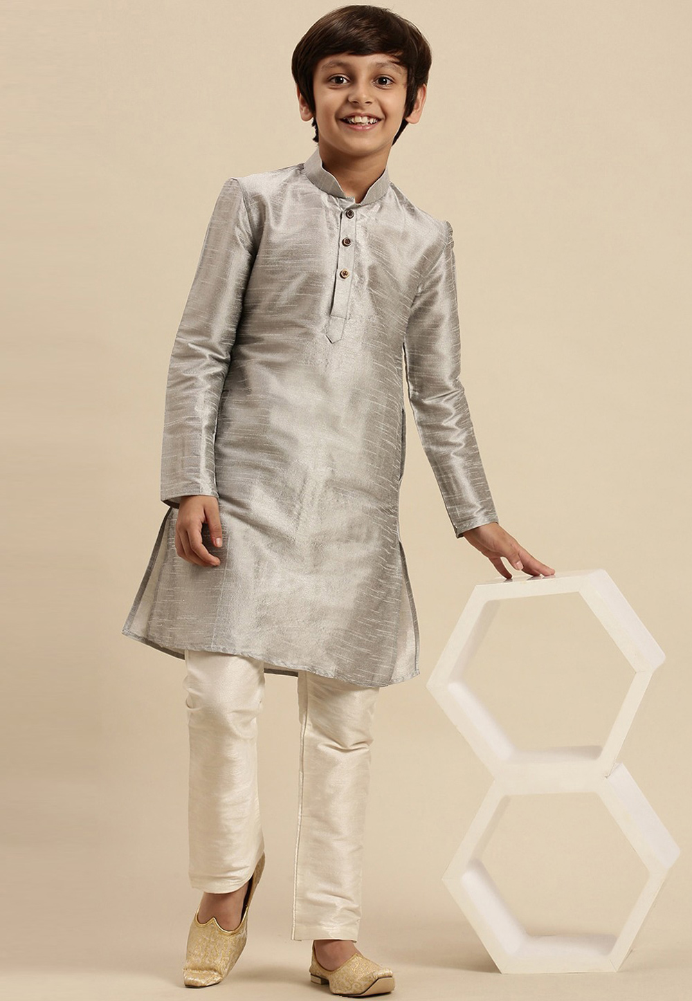 Grey Dupion Silk Kids Kurta Pajama 286561