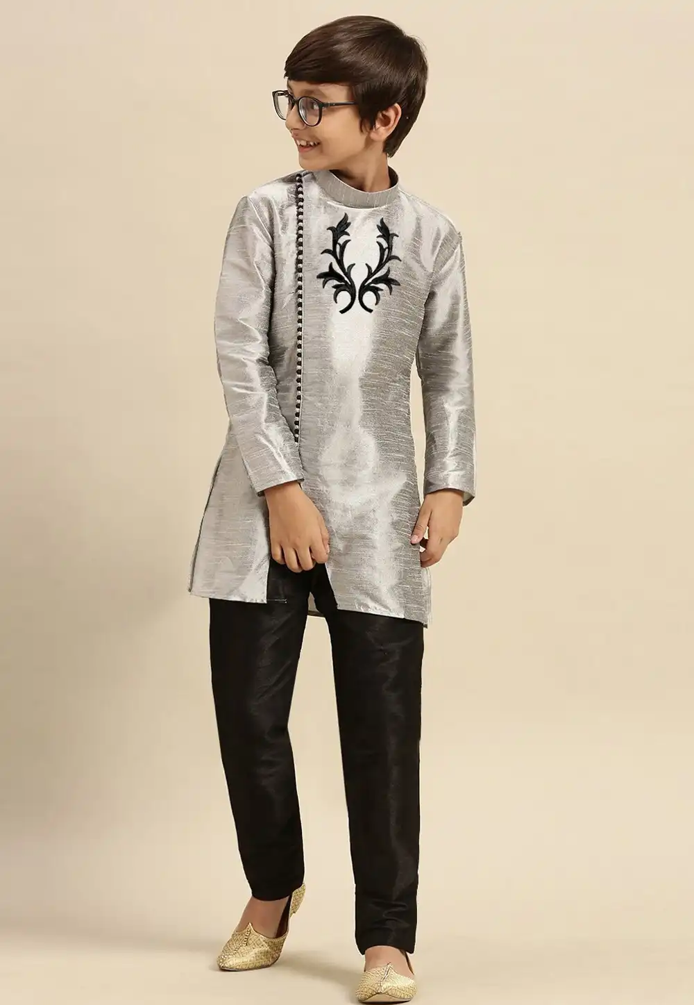 Grey Dupion Silk Kids Kurta Pajama 288310