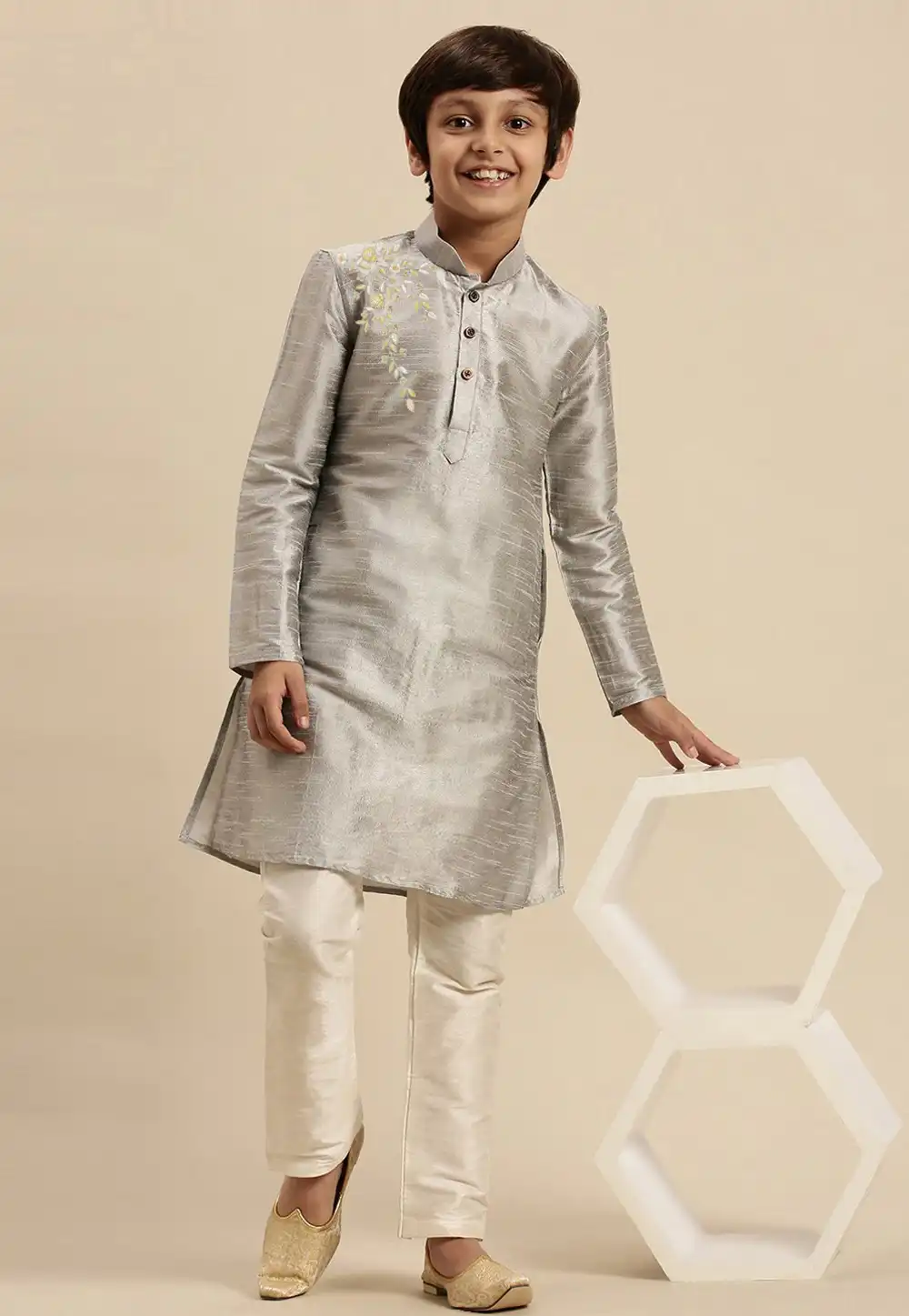 Grey Dupion Silk Kids Kurta Pajama 288320