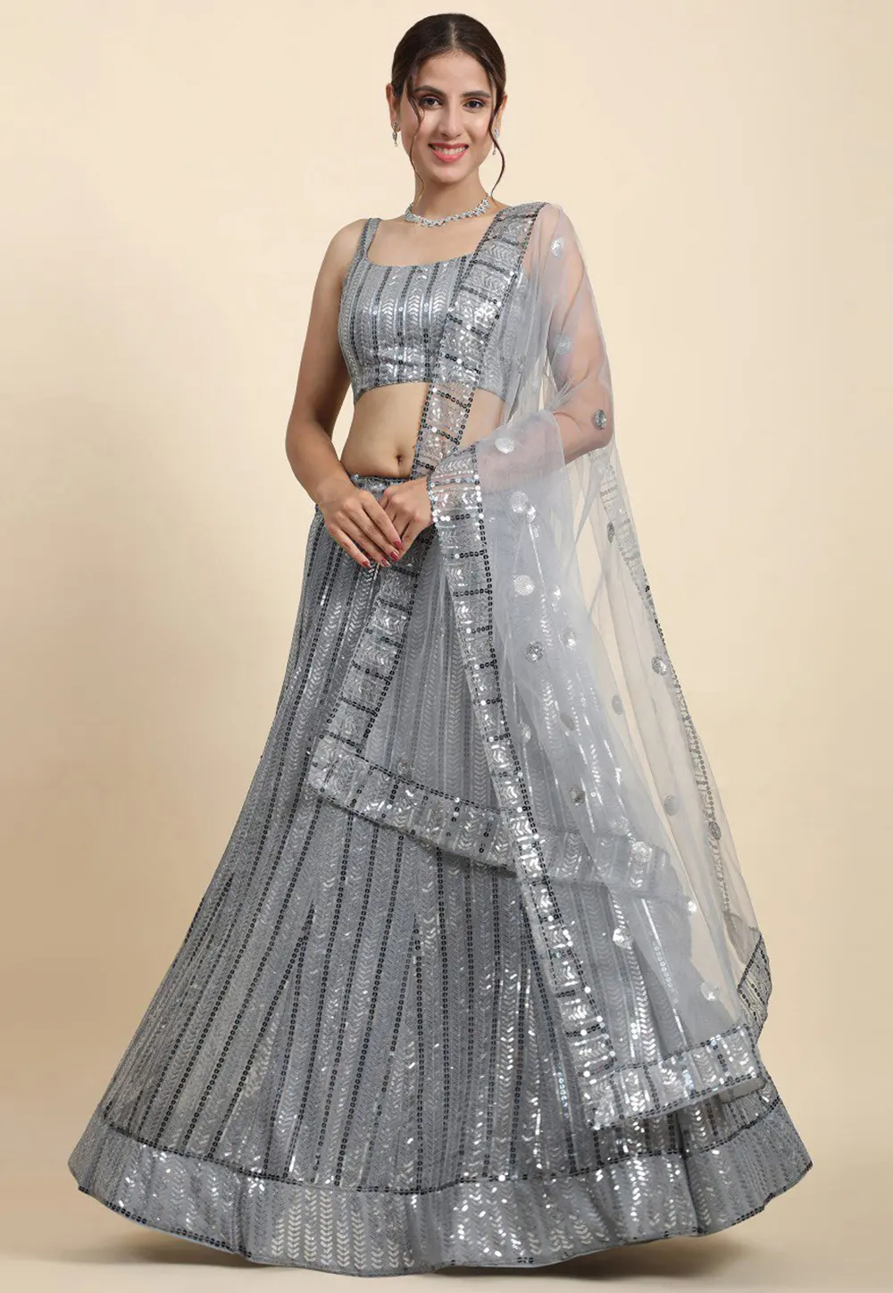 Grey Faux Georgette A Line Lehenga Choli 301039