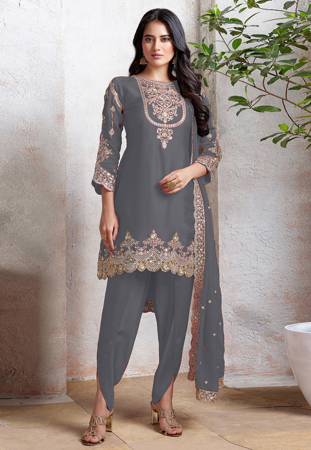 Grey Faux Georgette Dhoti Salwar Suit 311232
