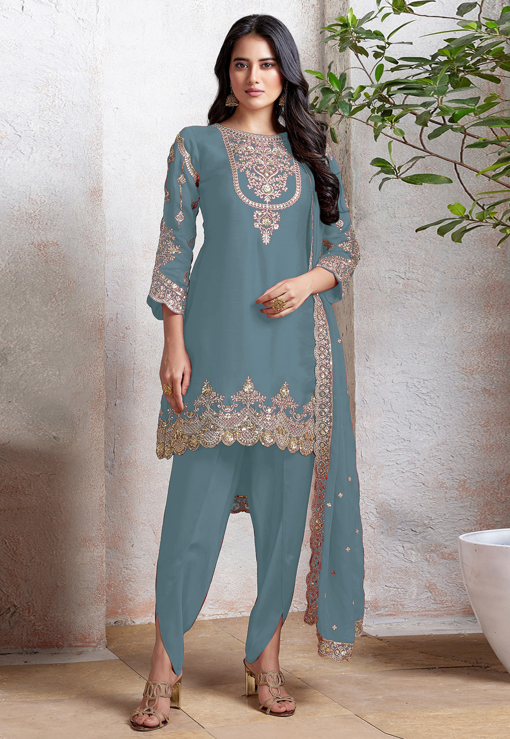 Grey Faux Georgette Dhoti Style Suit 311229