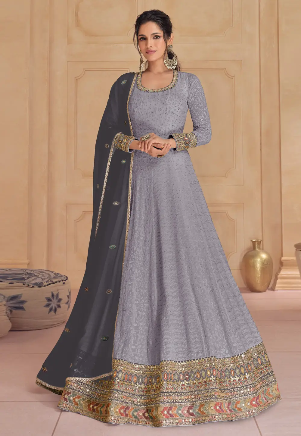 Grey Faux Georgette Embroidered Anarkali Suit 296829