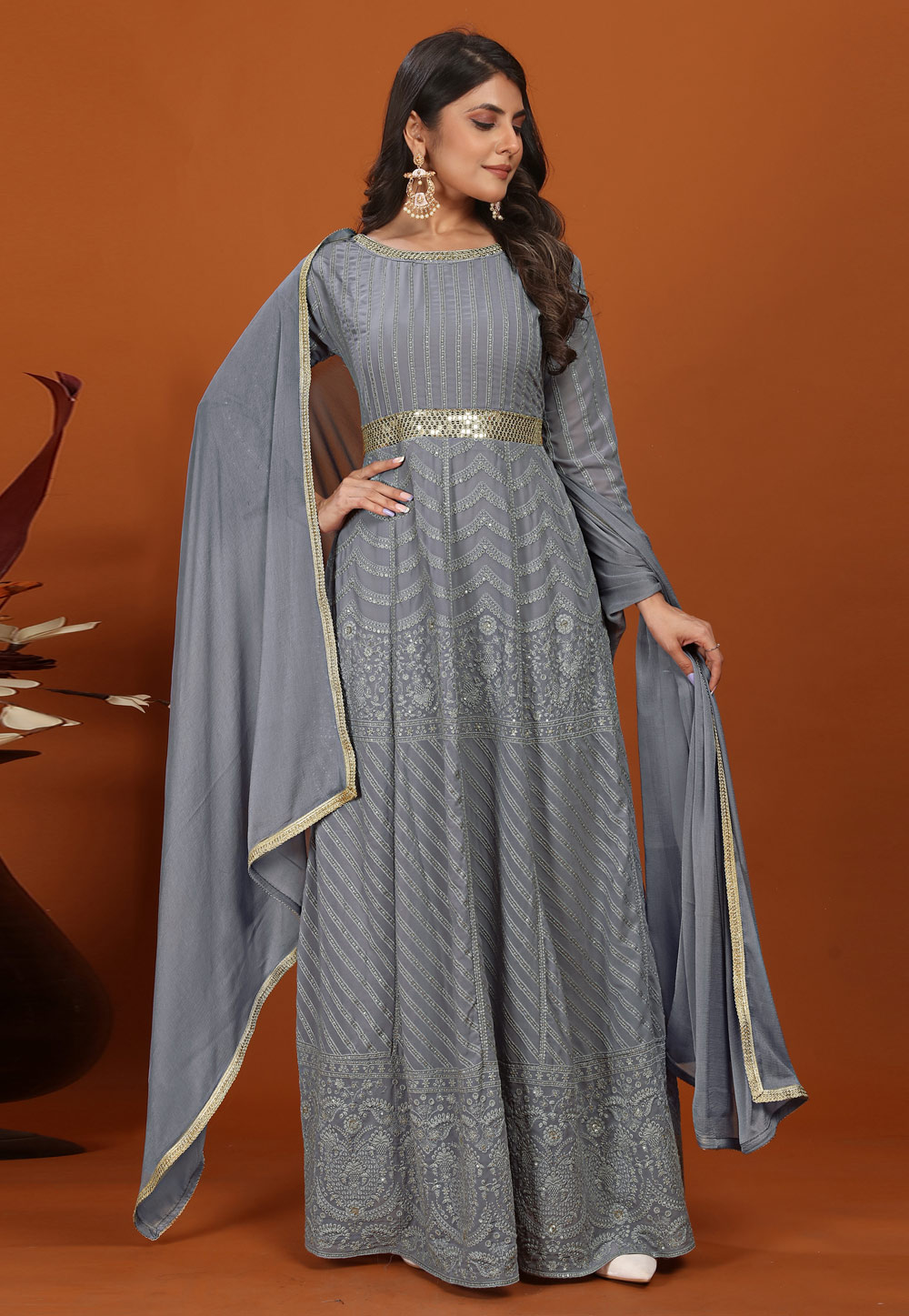 Grey Faux Georgette Embroidered Long Anarkali Suit 287562