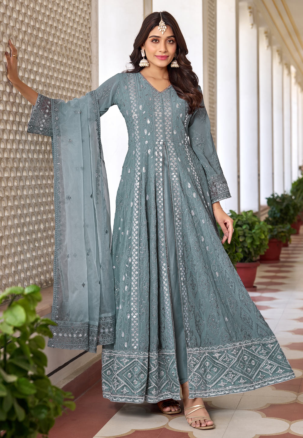 Grey Faux Georgette Embroidered Pant Style Suit 282426