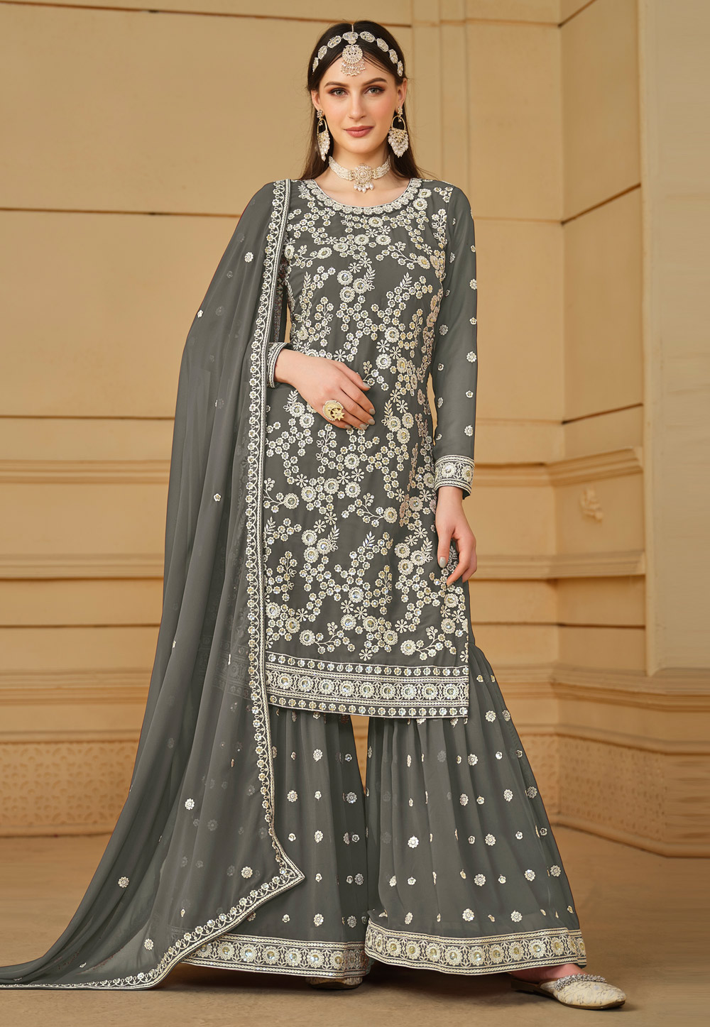 Grey Faux Georgette Embroidered Sharara Suit 283083