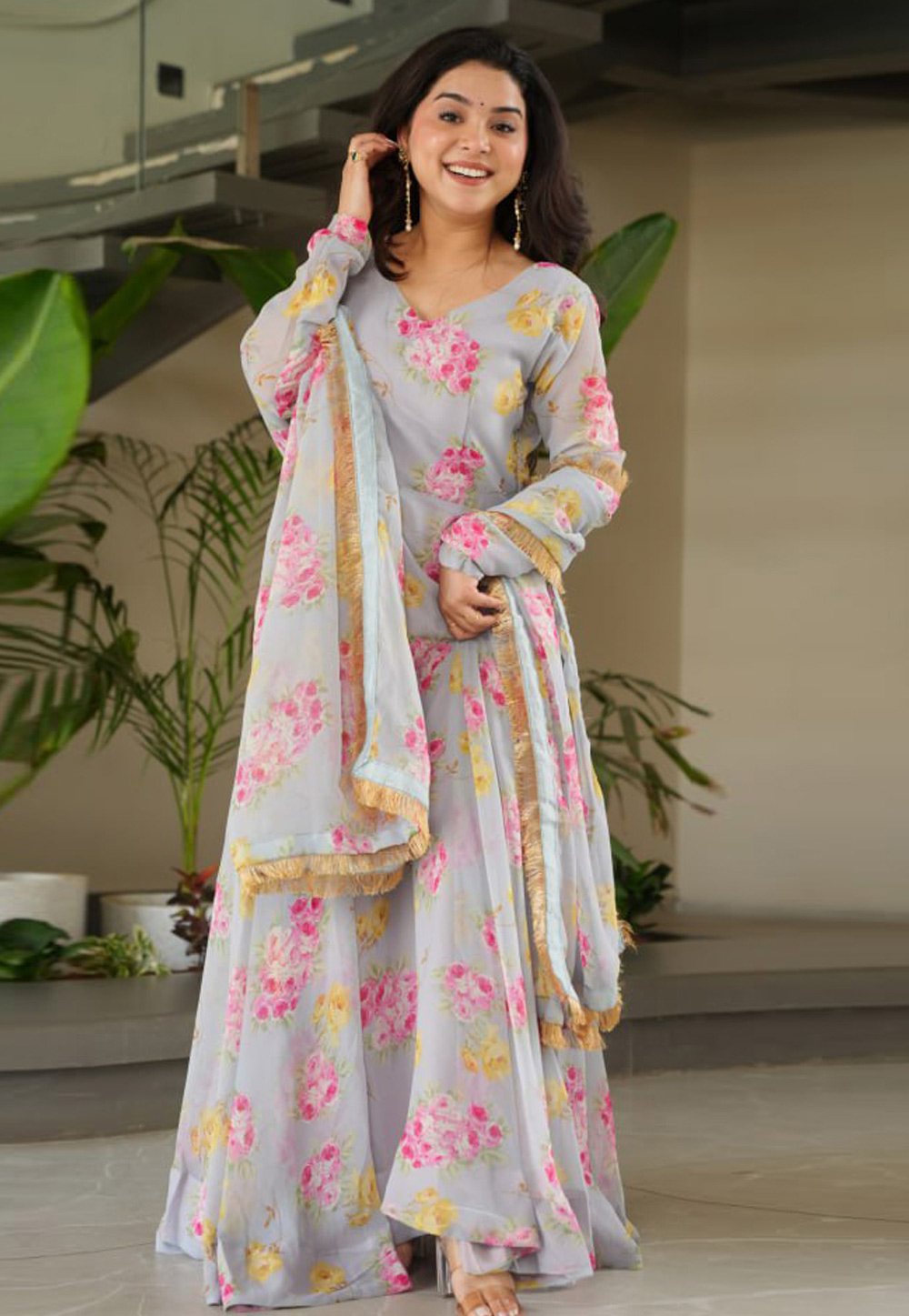 Grey Faux Georgette Readymade Anarkali Suit 309053