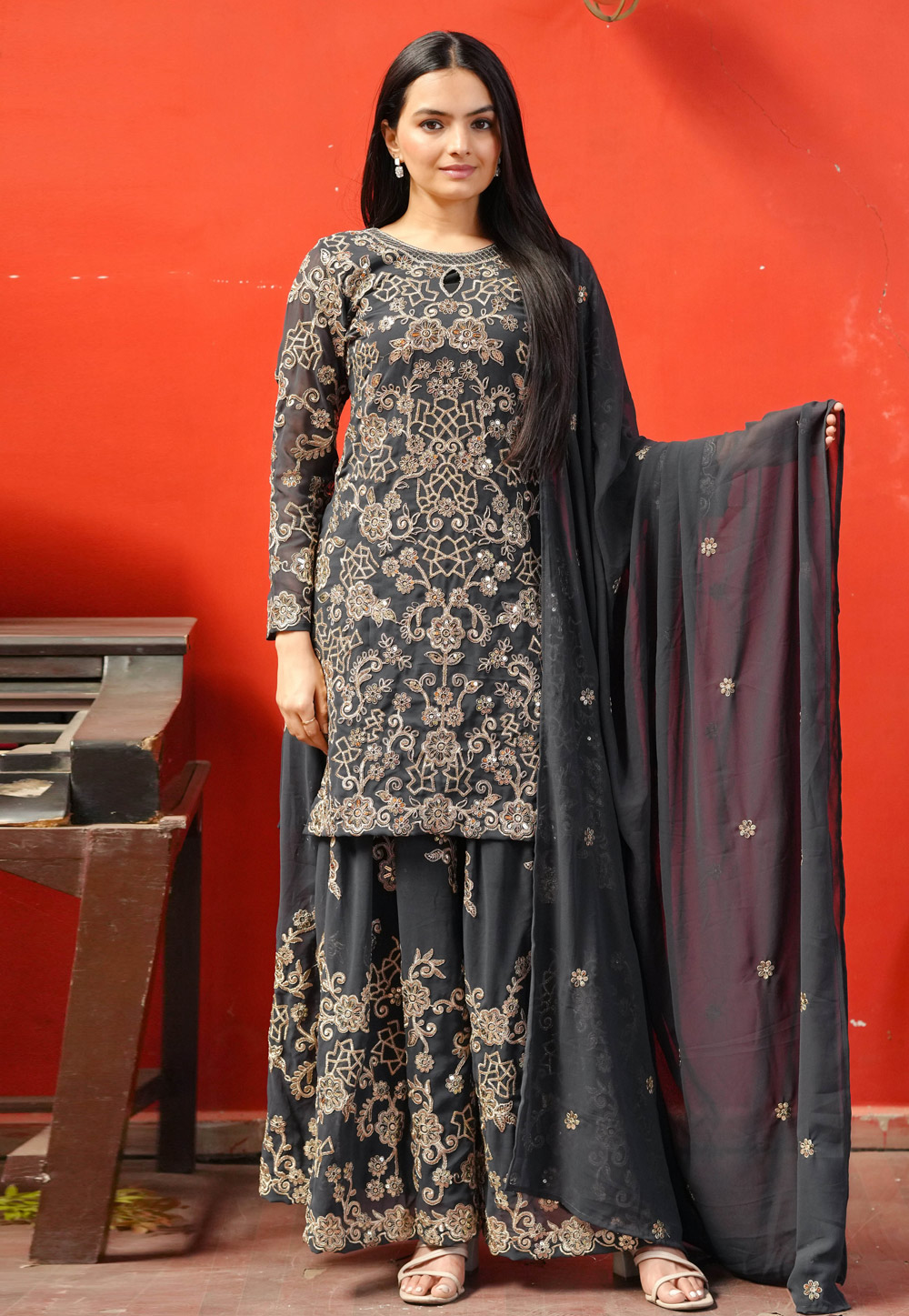 Grey Faux Georgette Readymade Gharara Suit 310384