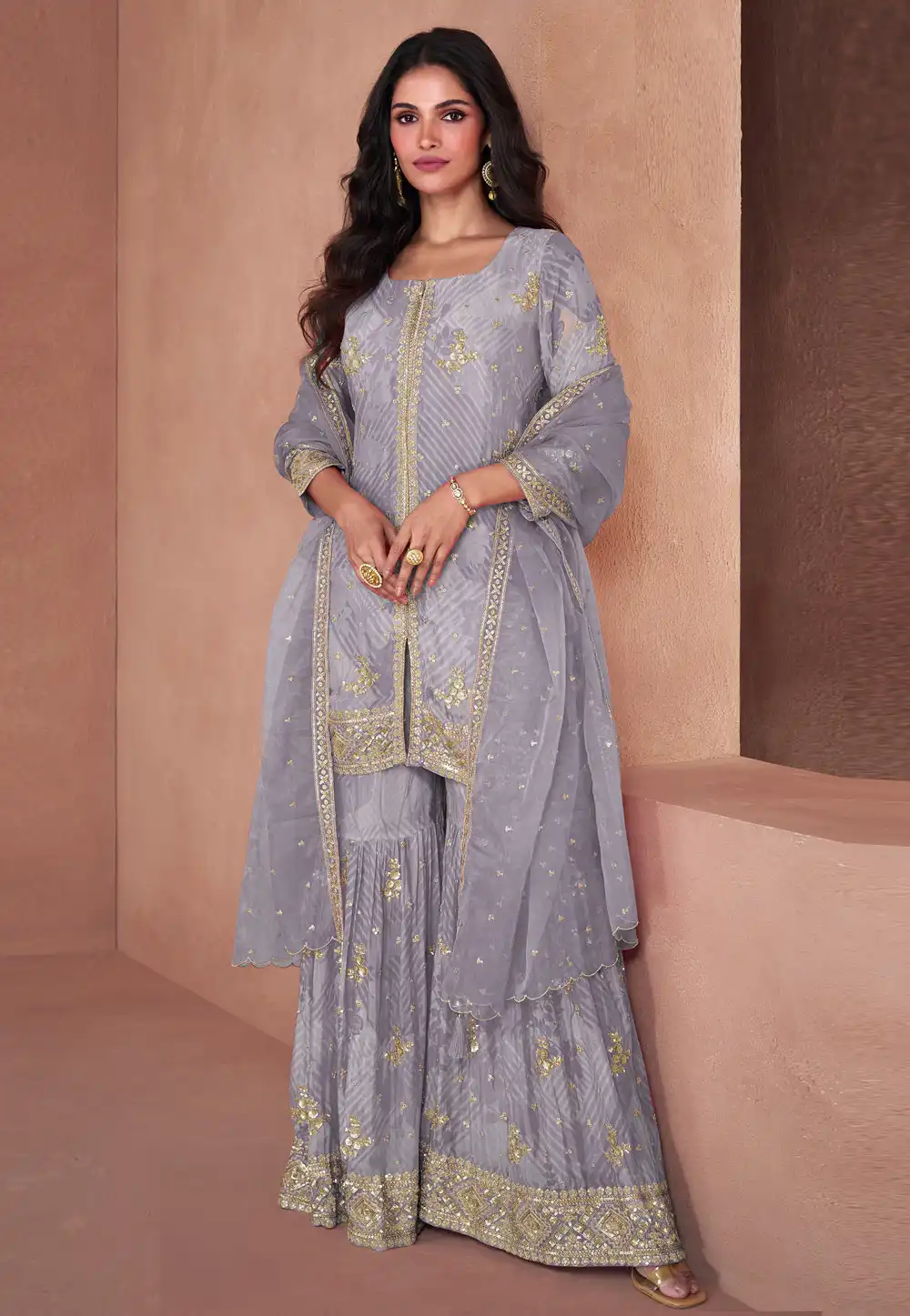 Grey Faux Georgette Readymade Gharara Suit 295150