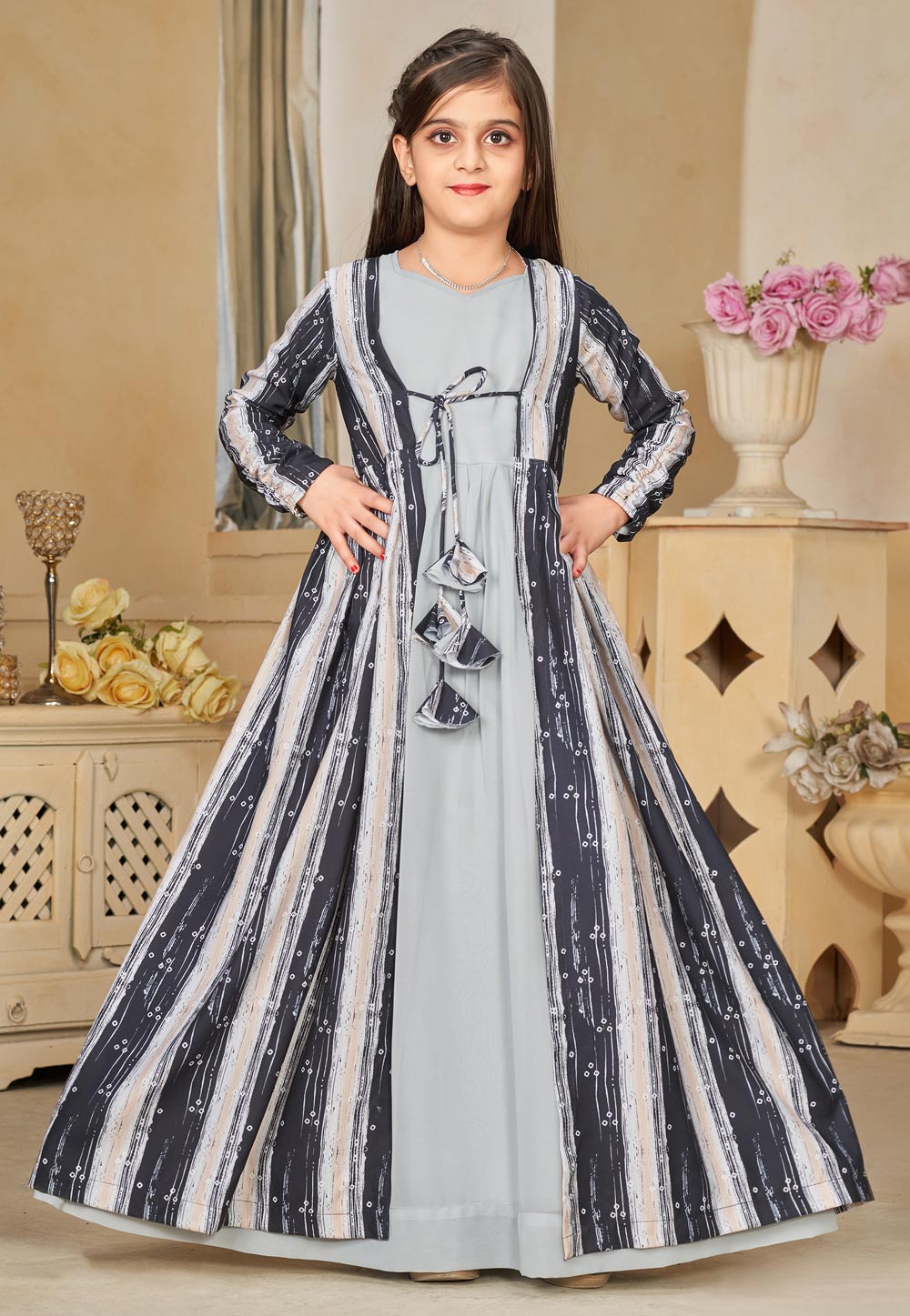 Grey Faux Georgette Readymade Kids Gown With Jacket 285075
